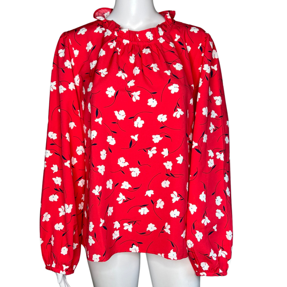 J Crew Blouse Womens Large Red Floral Print Long Sleeve Ruffle Neck Top Bohemian